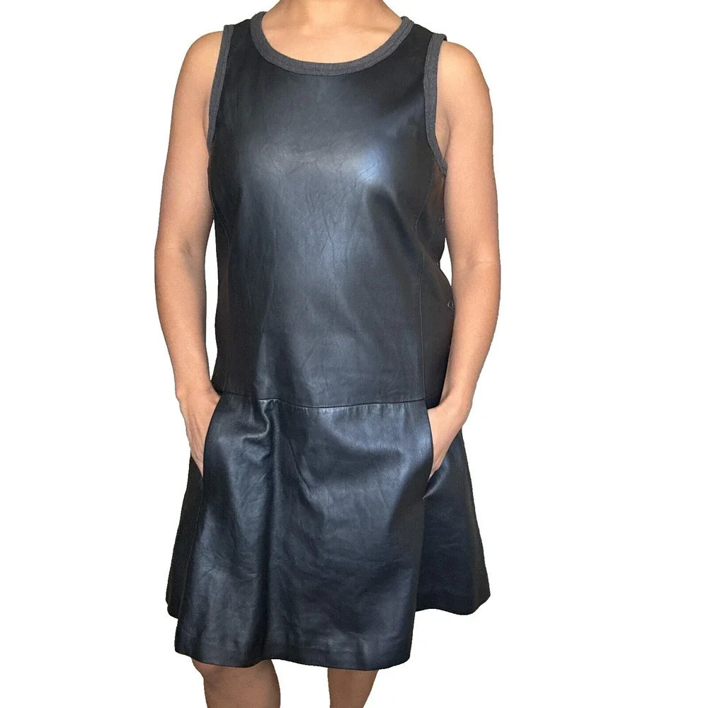 THEORY Nidan C Black Lambskin Leather Sleeveless Drop Waist Dress Size 8 - Picture 2 of 16